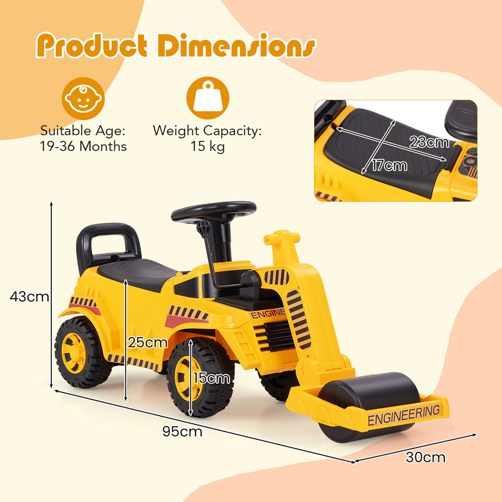 Costway Kids Yellow Ride On Road Roller with Adjustable Roller and Anti-Tipping Block Image 8
