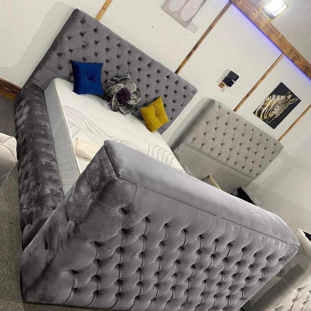 Eleganza Home Arli King Size Silver Plush Velvet TV Bed Frame Image 1