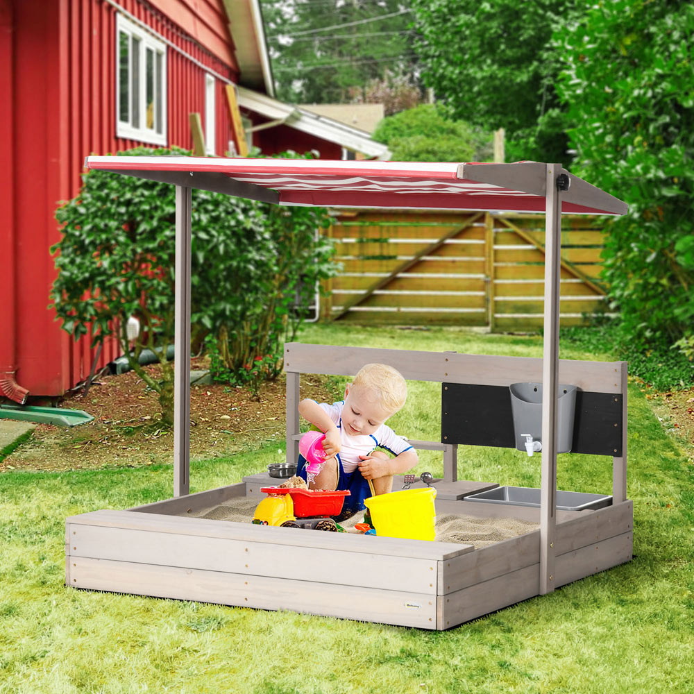 Outsunny Kids Wooden Sandbox with Canopy Image 2