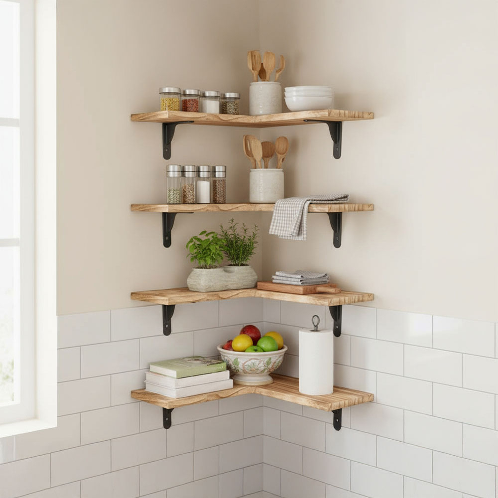 Living and Home 4 Piece Natural L-Shaped Wall-Mounted Shelf Image 7
