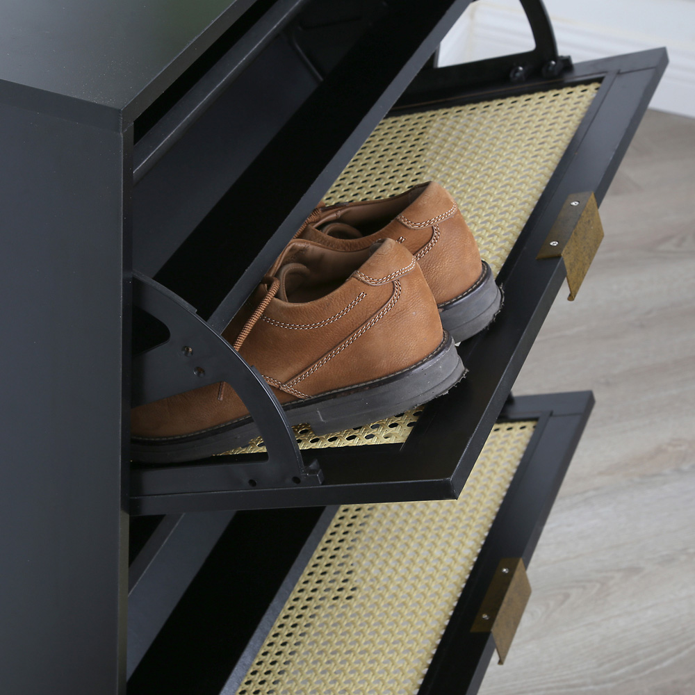 Craven 2 Drawer Black Shoe Cabinet with Cane Front Image 4
