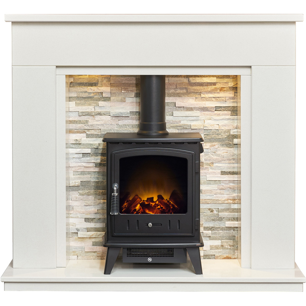 Acantha Amalfi White Marble and Black Fireplace with Downlights and Aviemore Electric Stove 48 inch Image 3
