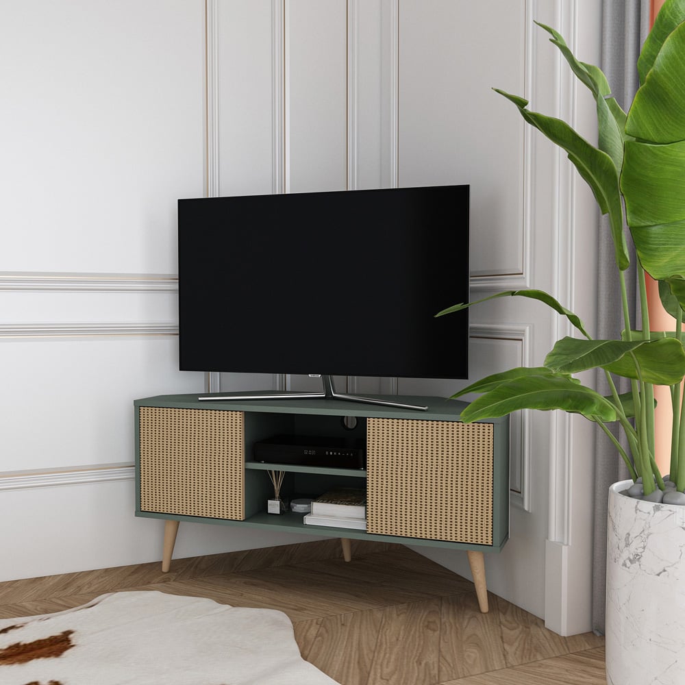 Decorotika Lesson 2 Door 2 Shelf Green and Rattan Corner TV Stand Image 6