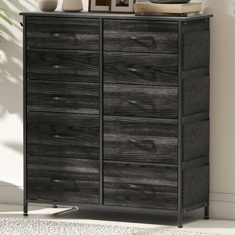 HOMCOM 10 Drawer 4 Side Pockets 2 Hooks Black Fabric Chest of Drawers Image 1