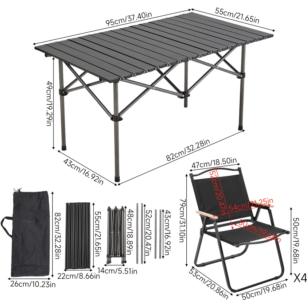 Living and Home 4 Seater 95cm Black Foldable Camping Table and Chair Set Image 8