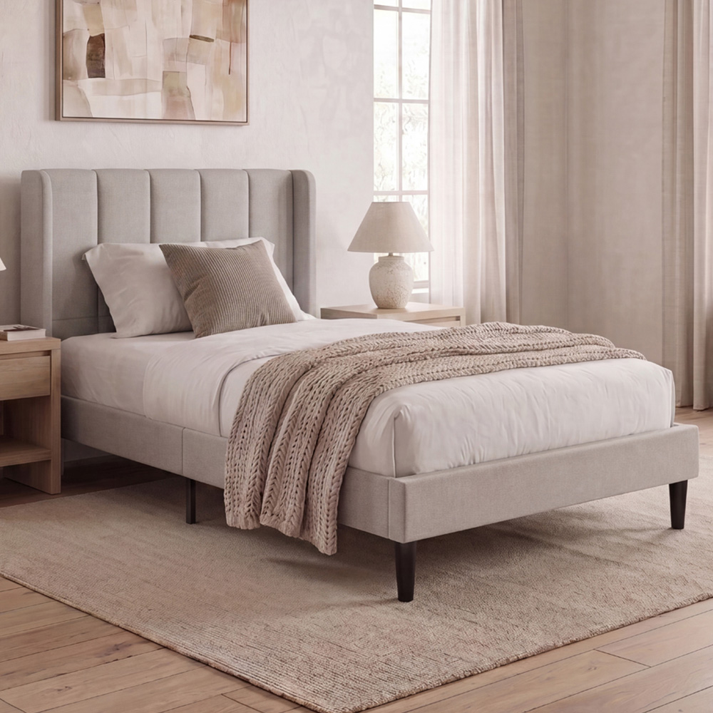 VIDA DESIGNS Vianna Single Beige Linen Fabric Bed Image 1