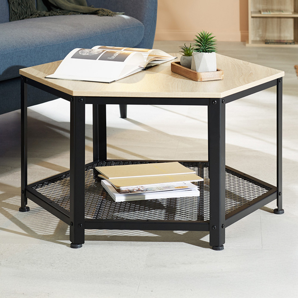 tectake Norwich Single Grid Shelf Light Wood Hexagonal Coffee Table Image 1