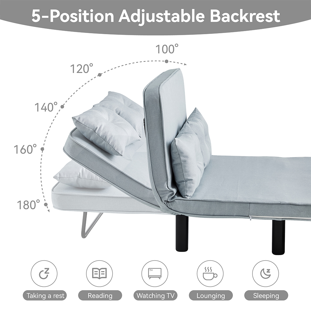 2 Seater Light Grey 4-in-1 Foldable Sofa Bed with Adjustable Backrest and Large Cushion Image 6