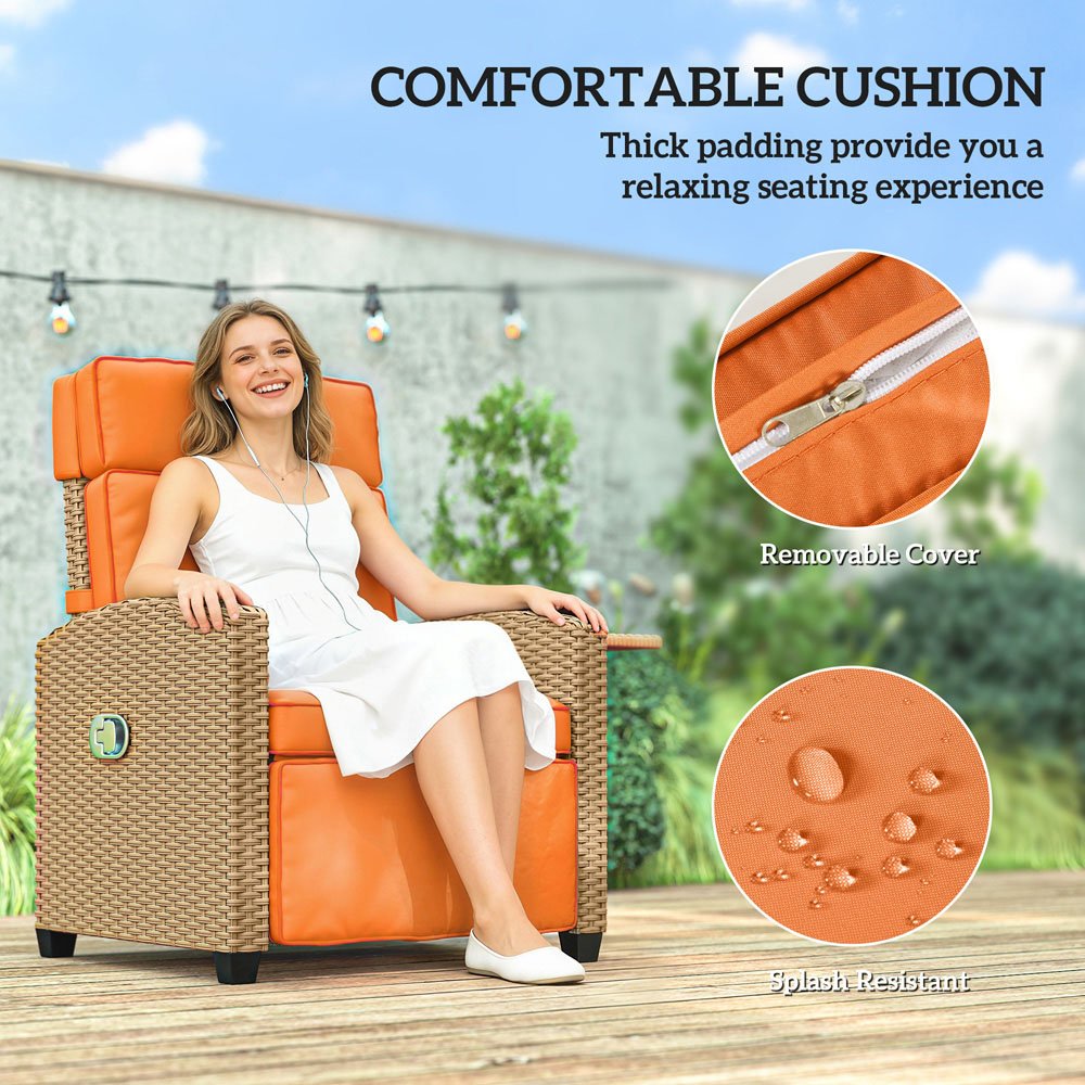 Outsunny Khaki and Orange Rattan Garden Recliner with Flip Table Image 6