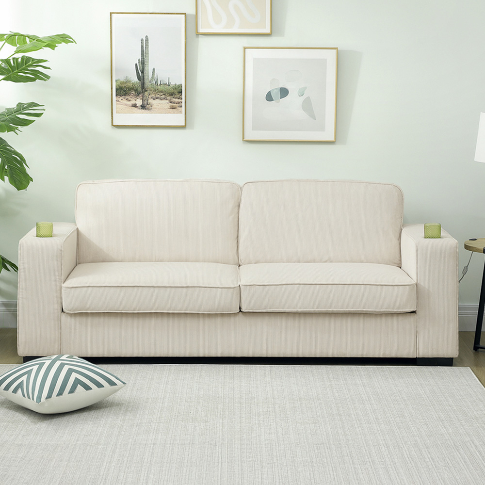 HOMCOM 3 Seater Cream White Upholstered Corduroy Sofa Image 1