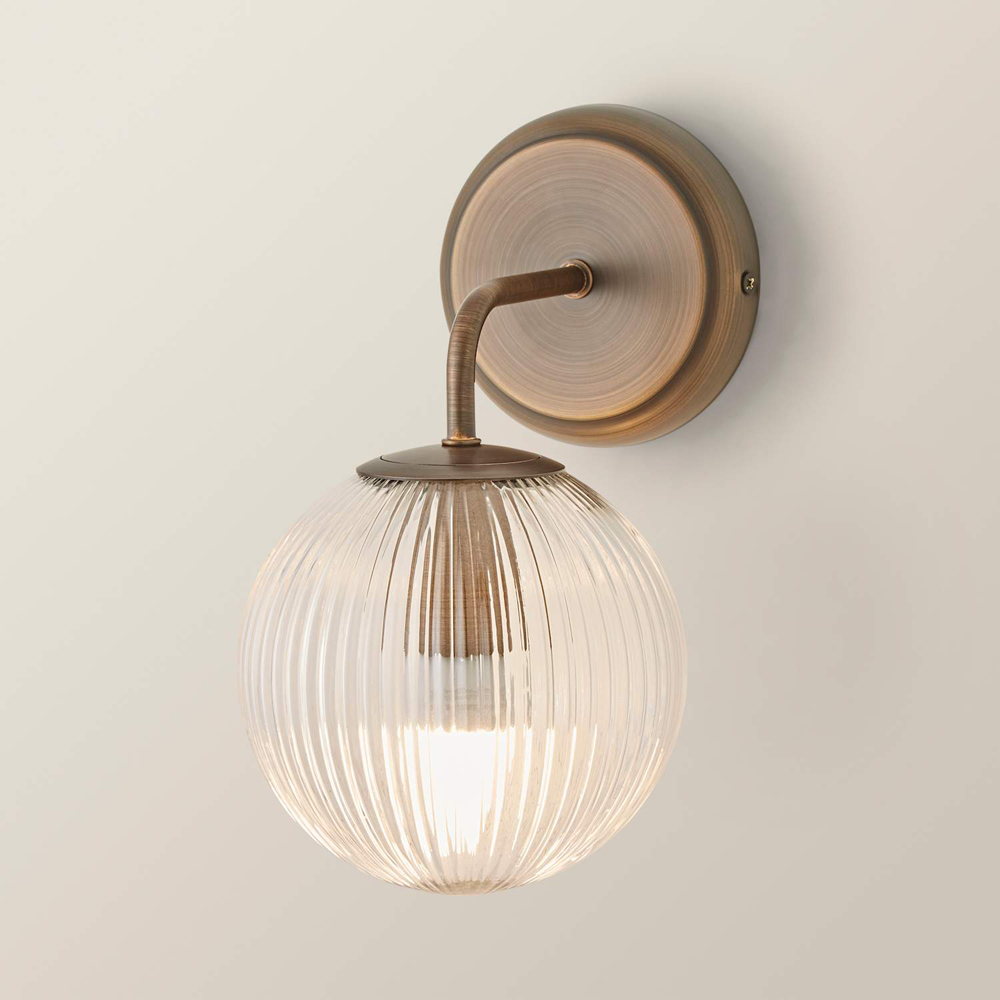 ValueLights Kempton Brushed Brass Ribbed Globe Shade Wall Light with Bulb 2 Pack Image 6