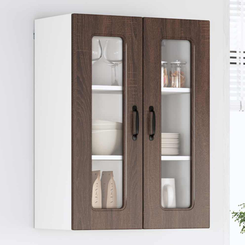vidaXL 2 Glass Door Brown Oak Kitchen Wall Cabinet Image 1