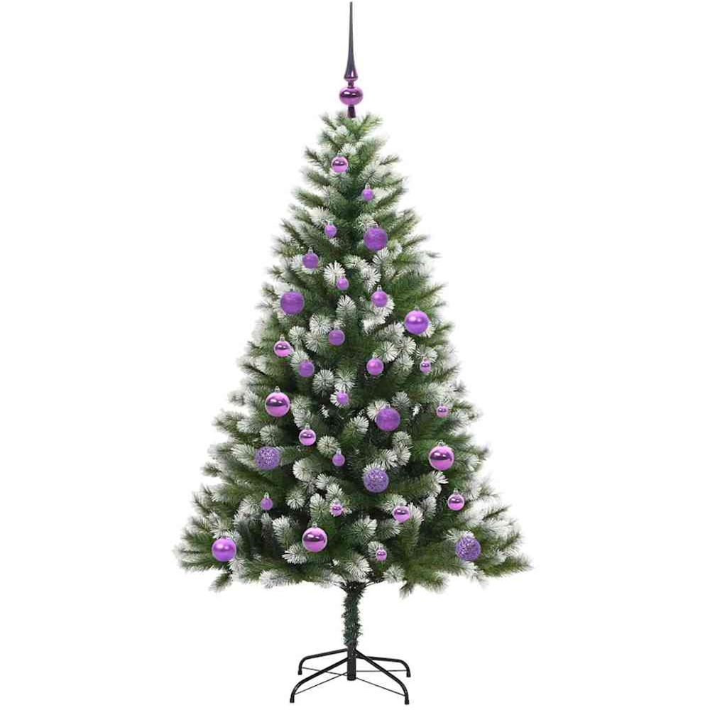 vidaXL Pre-Lit Lilac Baubles Green Artificial Snow Tipped Hinged Christmas Tree 5ft Image 4