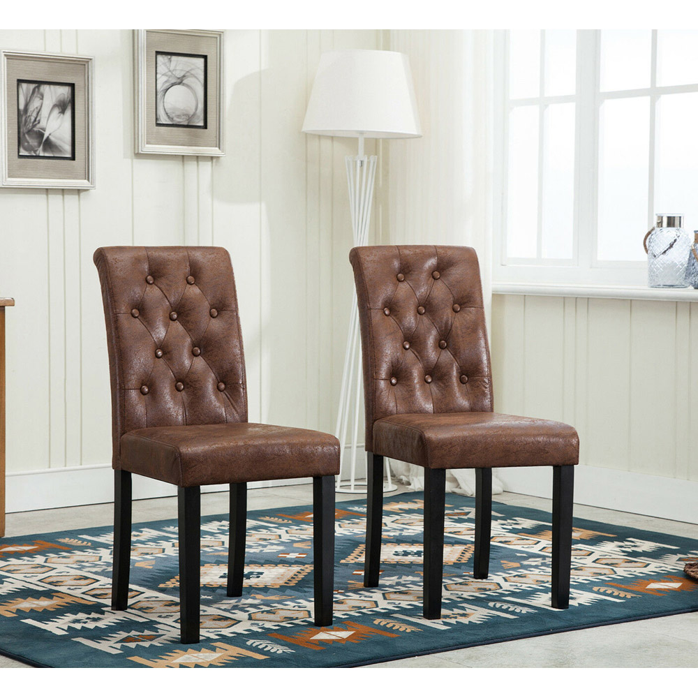 Brown Set of 2 Tufted Button Back Fabric Dining Chair Image 3