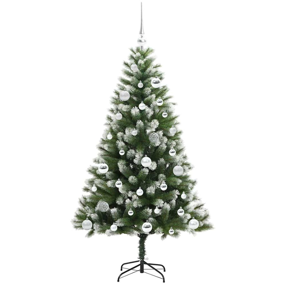 vidaXL Pre-Lit Silver Baubles Green Artificial Snow Tipped Hinged Christmas Tree 5ft Image 4