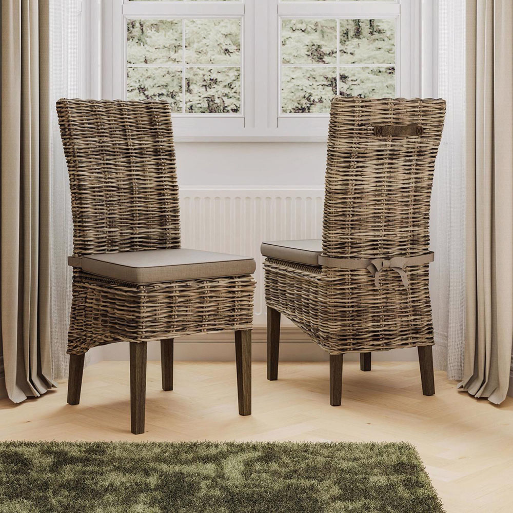 FWStyle Maya Set of 2 Grey Wash Kubu Rattan Solid Pine Handmade Dining Chairs Image 5