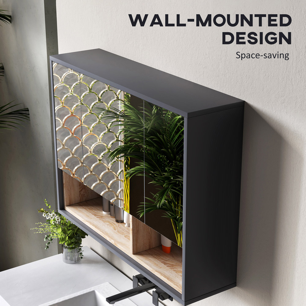 Portland 3 Door 2 Shelf Grey Wall-Mounted Mirrored Bathroom Storage Cabinet Image 7