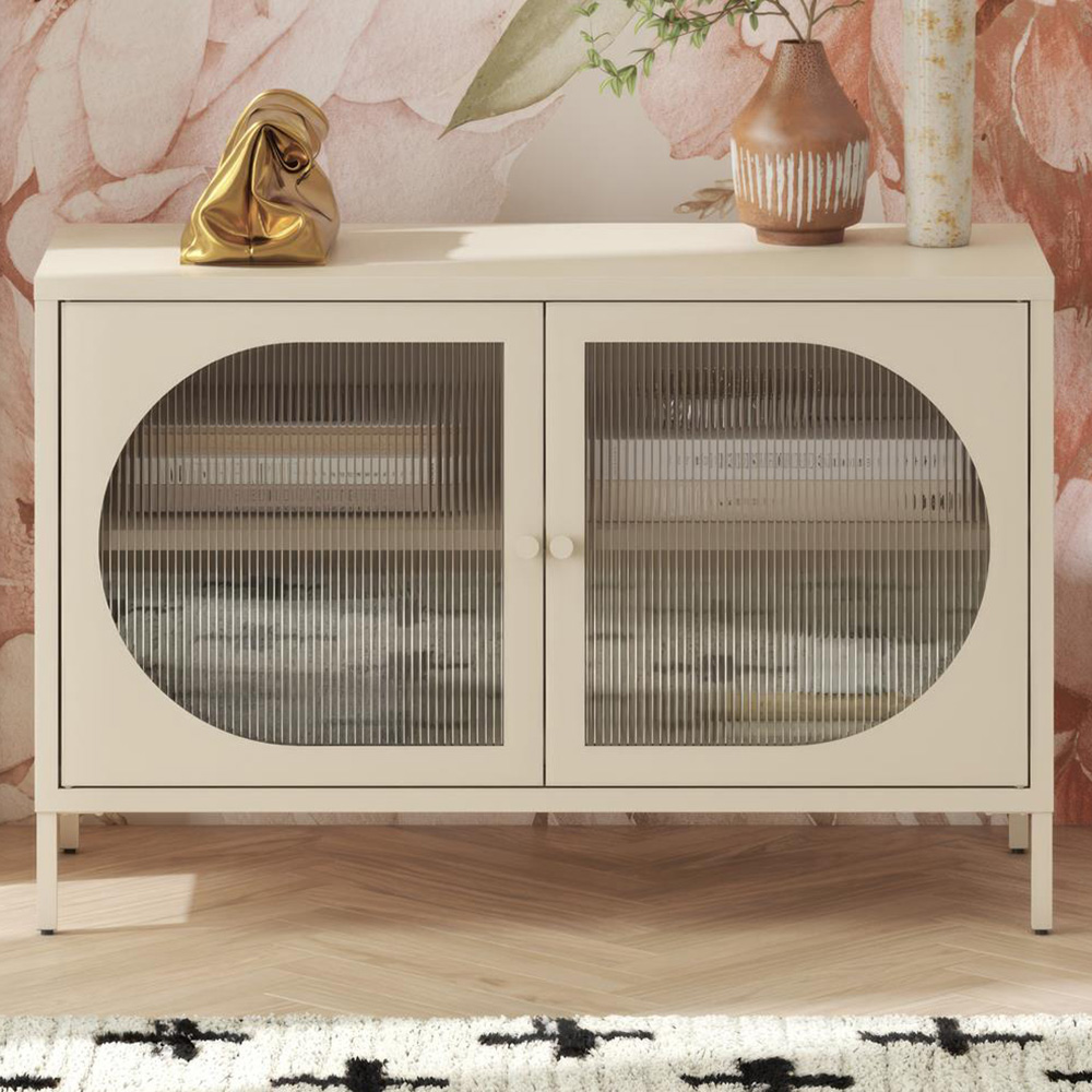 Dorel Luna 2 Door Beige Fluted Glass Wide Accent Cabinet Image 1