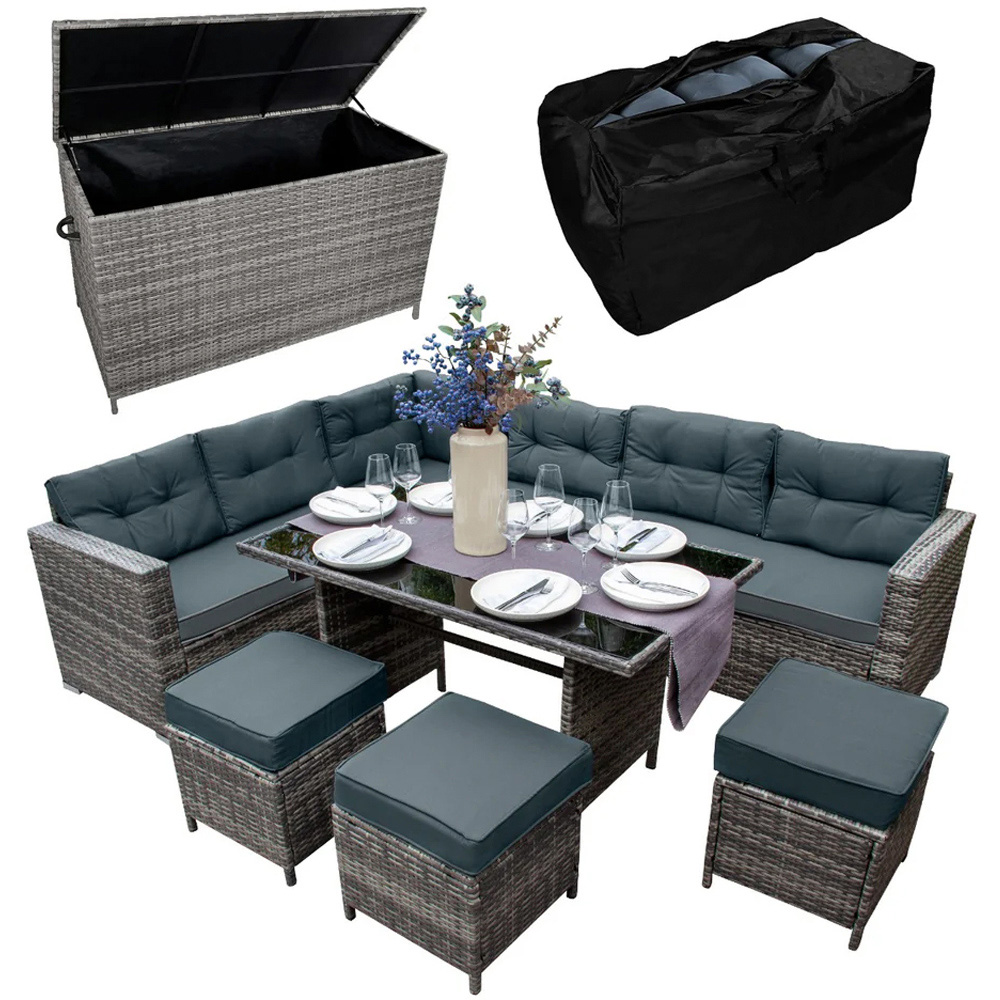 MonsterShop 9 Seater Grey Rattan Corner Lounge Set with Cushion Storage Box Image 2