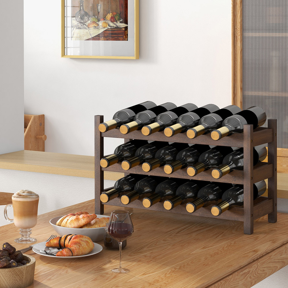 Costway 3 Shelf Coffee Wave Slot Bamboo Wine Rack Image 3