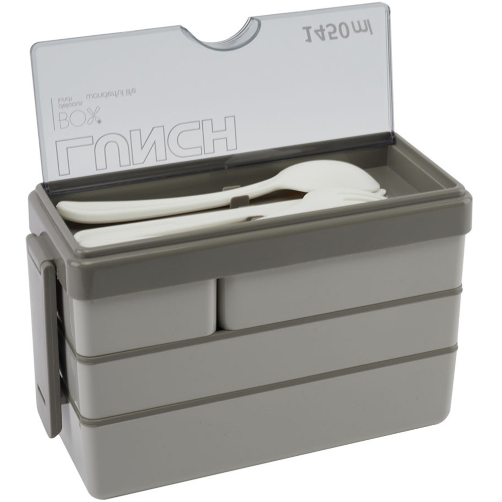 Living and Home Grey 3 Layer Plastic Bento Lunch Box with Cutlery Image 2