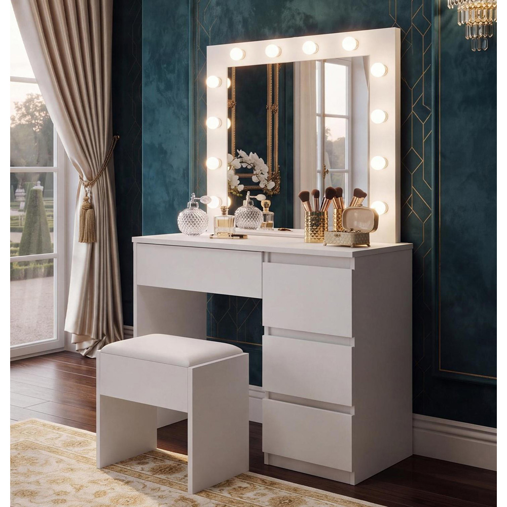 Portland 4 Drawer White Dressing Table Set with LED Mirror Image 5