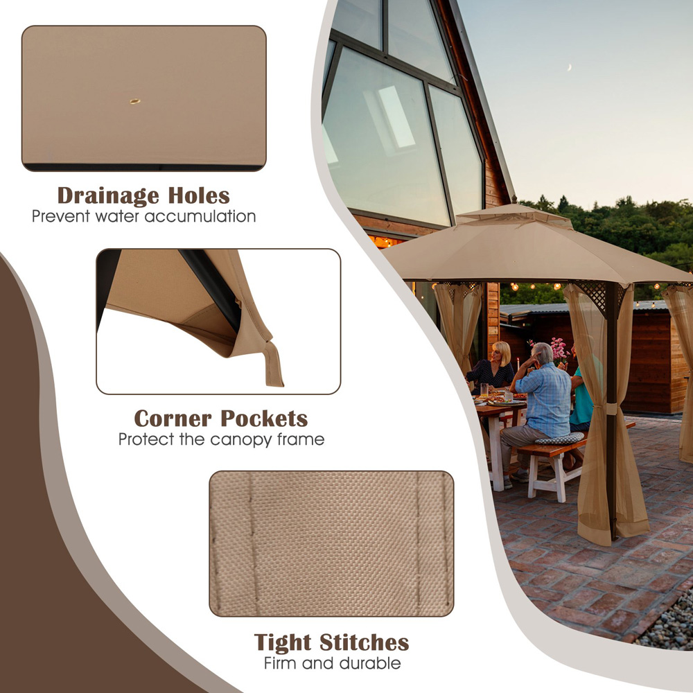 Costway 368 x 303cm Brown Gazebo Replacement Top with Air Vent and Drainage Holes Image 8