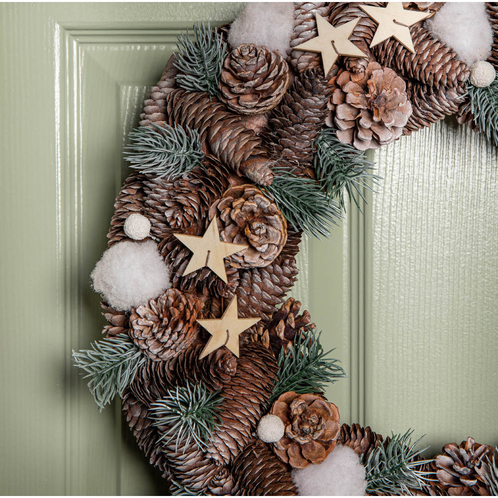 Samuel Alexander Frosted Christmas Wreath with Pine Cones and Wooden Stars 50cm Image 4
