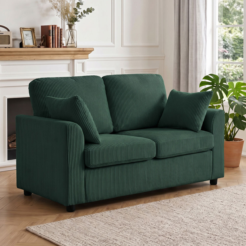 HOMCOM 2 Seater Dark Green Corduroy Upholstered Small Couch Sofa with Spring Cushion Image 1
