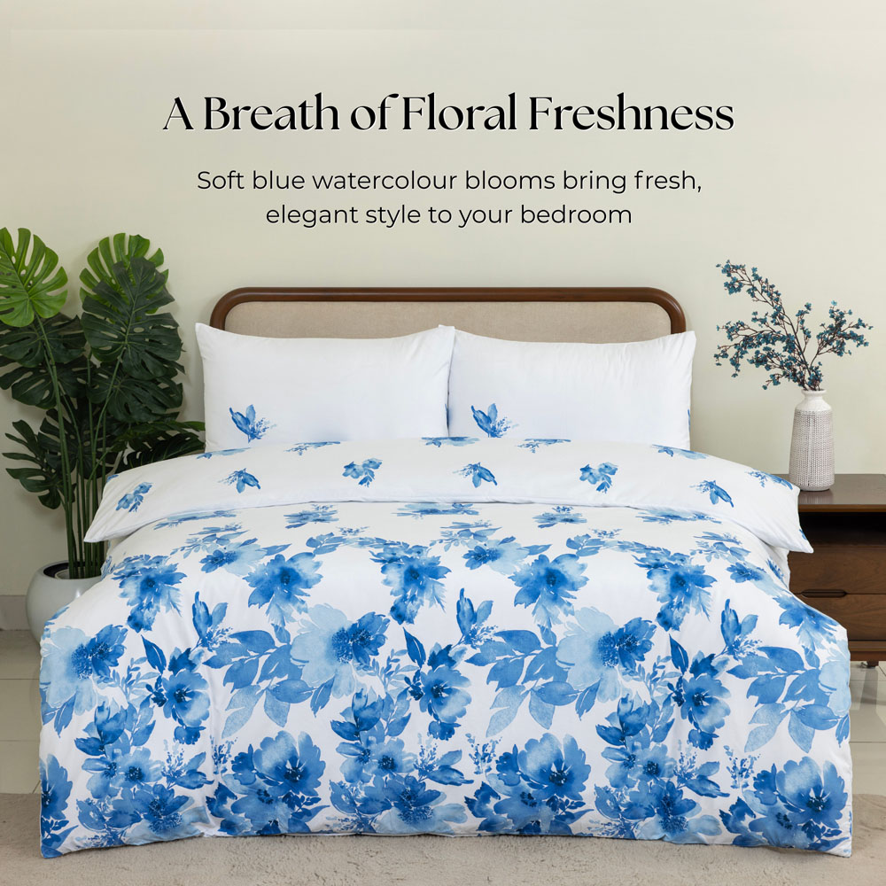 MHG Living Super King Size Blue Blossom Floral Bird Reversible Duvet Cover Set Image 2