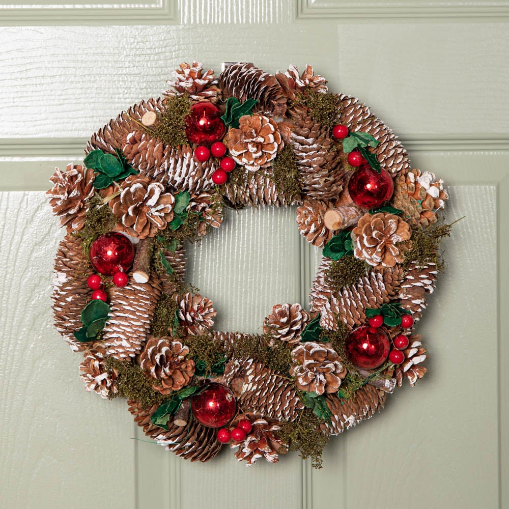 Samuel Alexander YuleFest Christmas Wreath with Baubles and Snow Tipped Pine Cones 36cm Image 2