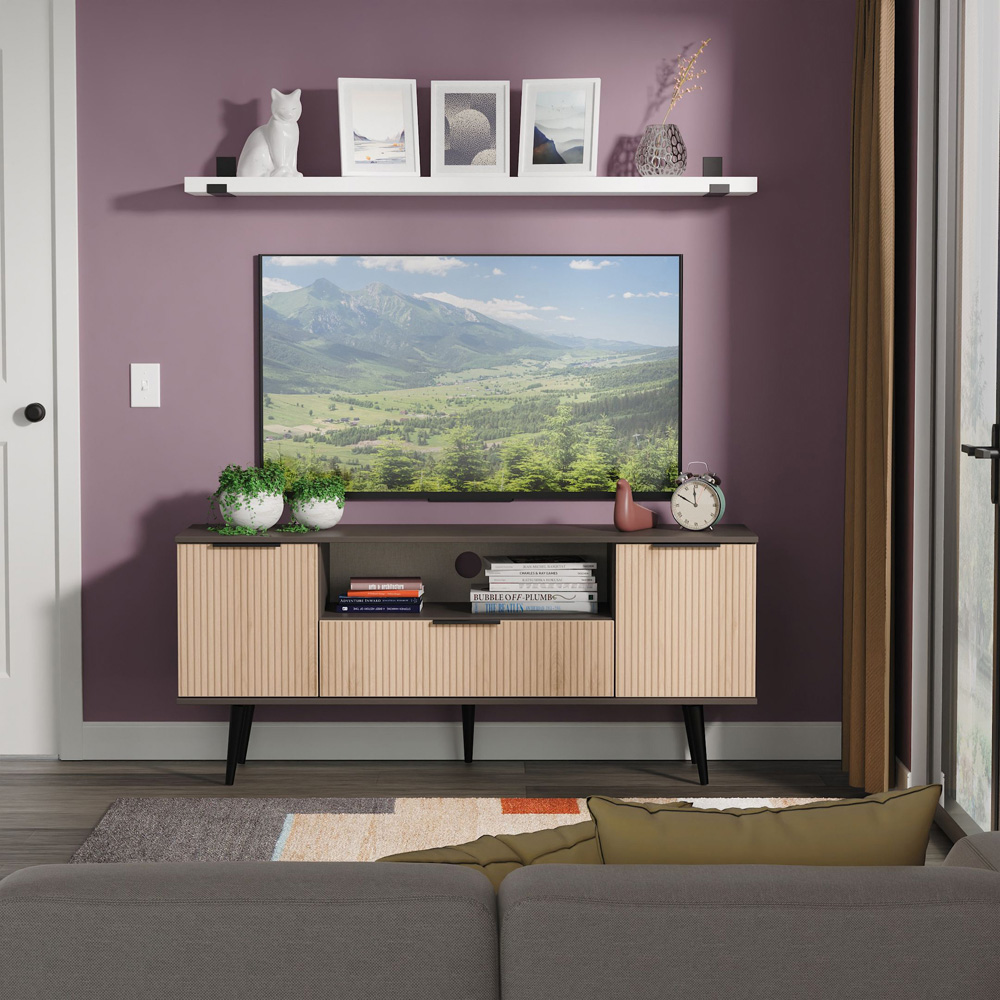 Crowndale Hong Kong 2 Door Single Drawer Slatt Effect and Graphite Wide TV Unit Ready Assembled Image 8