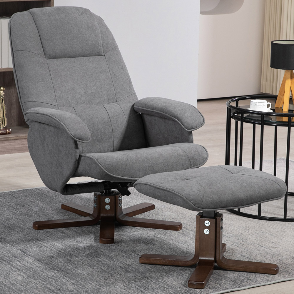 Portland Grey Linen Swivel Manual Recliner Chair with Footstool Image 1