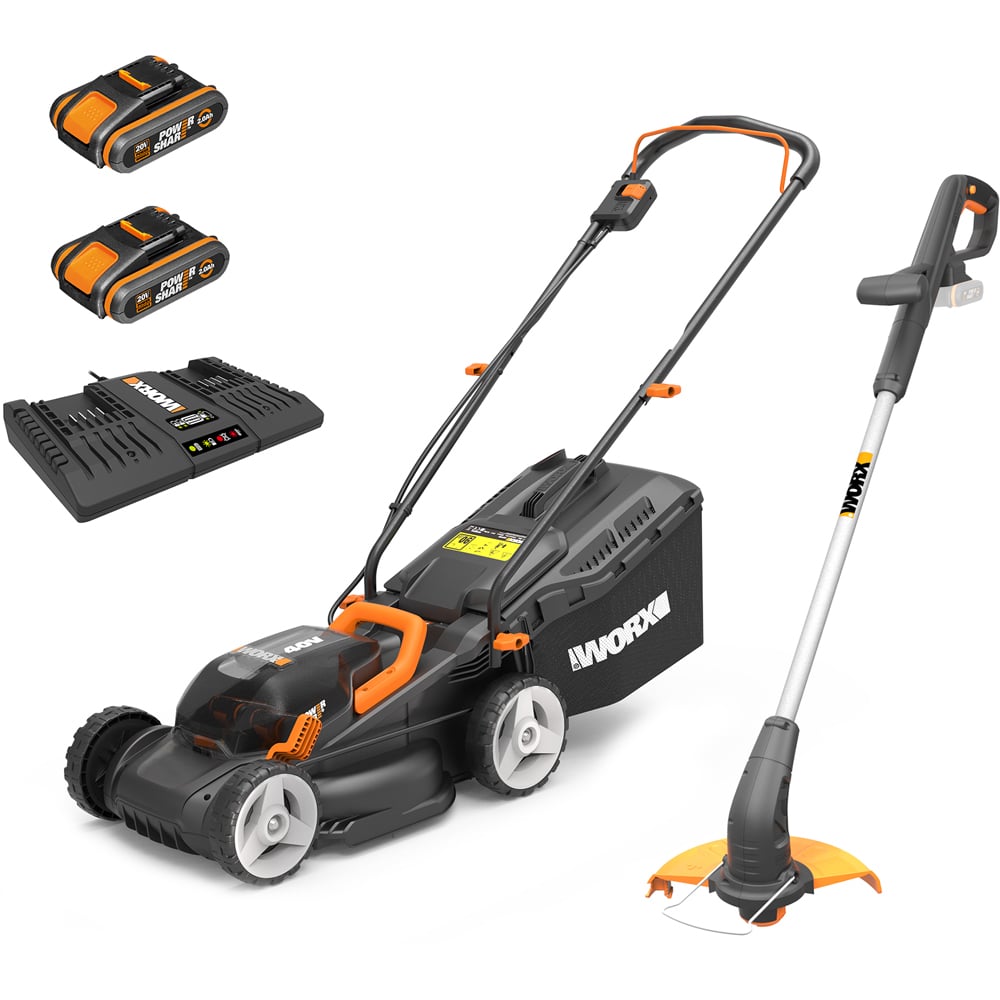 Worx WG927E 40V 34cm Lawn Mower and 25cm Grass Trimmer Set with Batteries and Charger Image 1