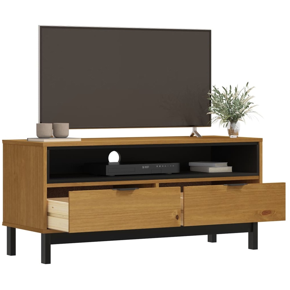 vidaXL Flam 2 Drawer Single Shelf Oak Solid Pine Wood TV Cabinet Image 3