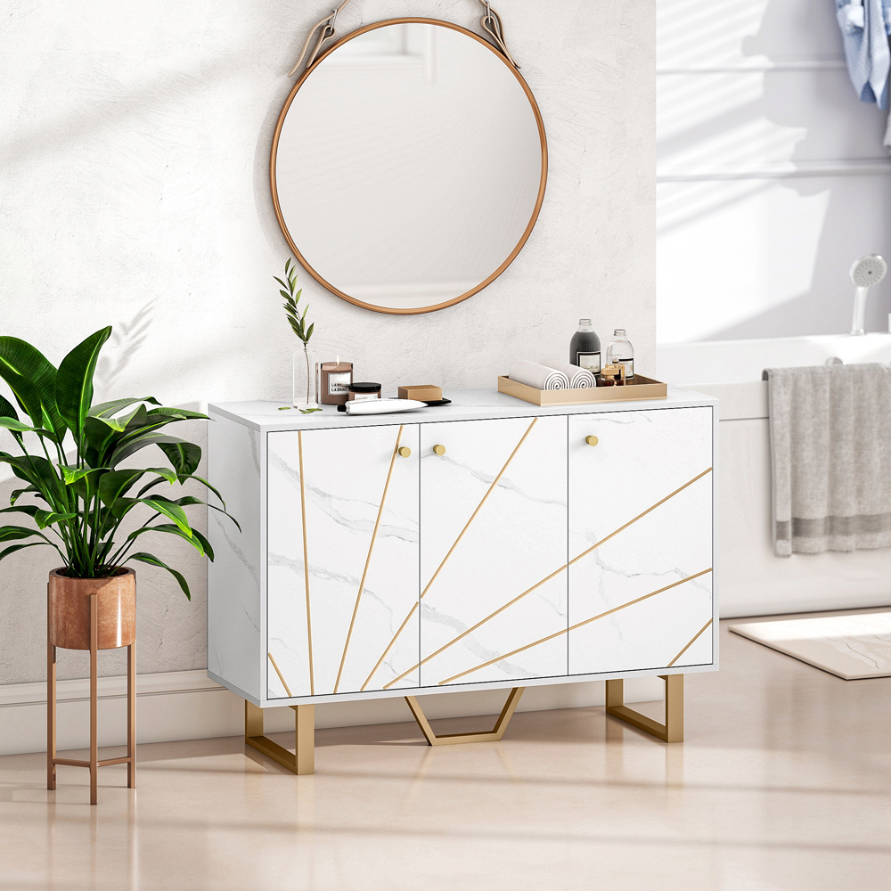 Portland 3 Door White and Gold Tone Marble Texture Sideboard Image 3