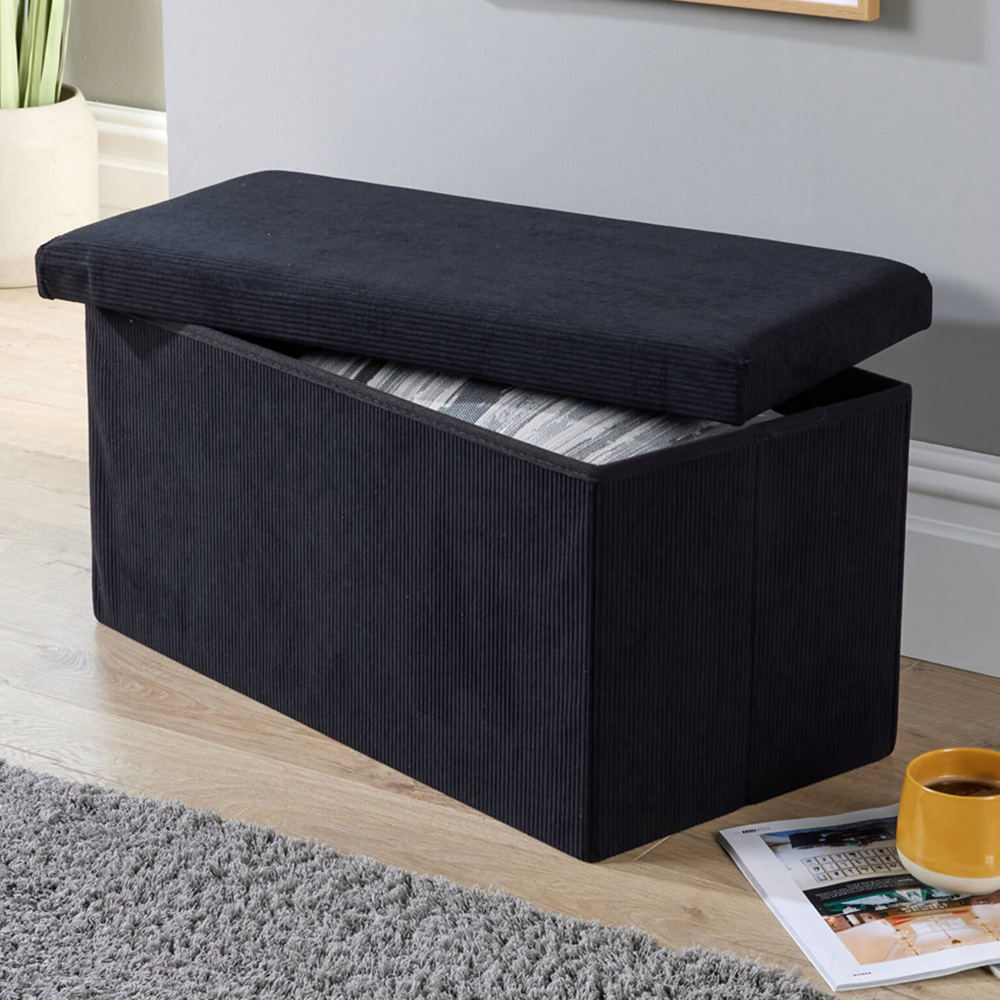Home Source Black Corduroy Fabric Rectangular Foldable Storage Ottoman Image 1