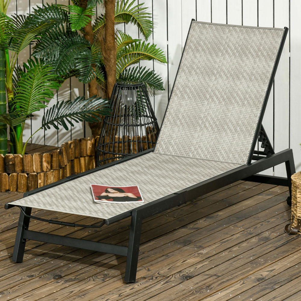 Outsunny Grey PE Rattan Adjustable Backrest Sun Lounger with Wheels Image 1