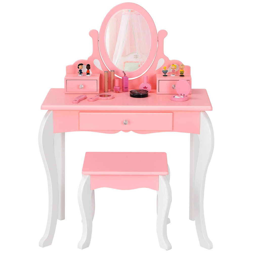 Costway Kids Pink Vanity Table and Chair Set with Rotatable Mirror Image 3