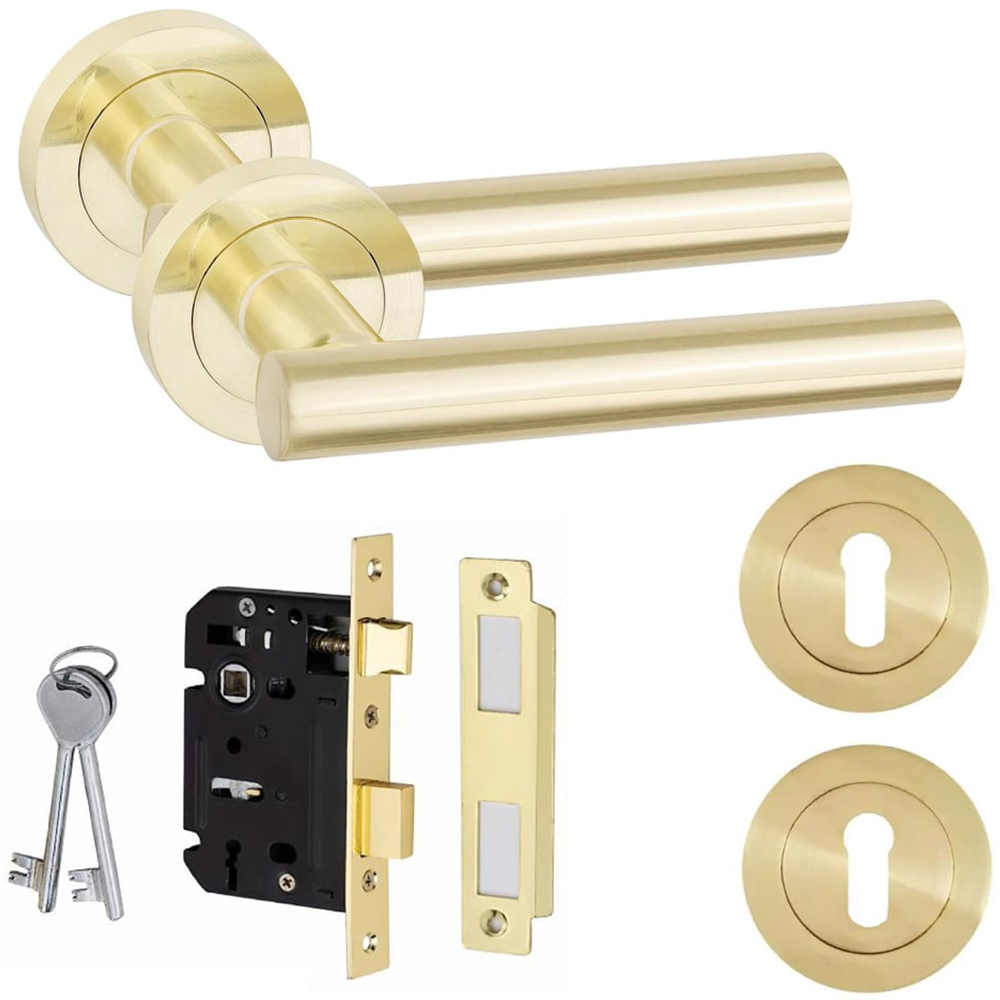 Golden Grace Satin Brass Straight T-Bar Door Handle Pair with Escusheon and Mortise Lock Image 1