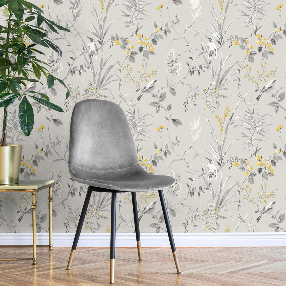 Crown Mariko Floral Grey and Yellow Wallpaper Image 6