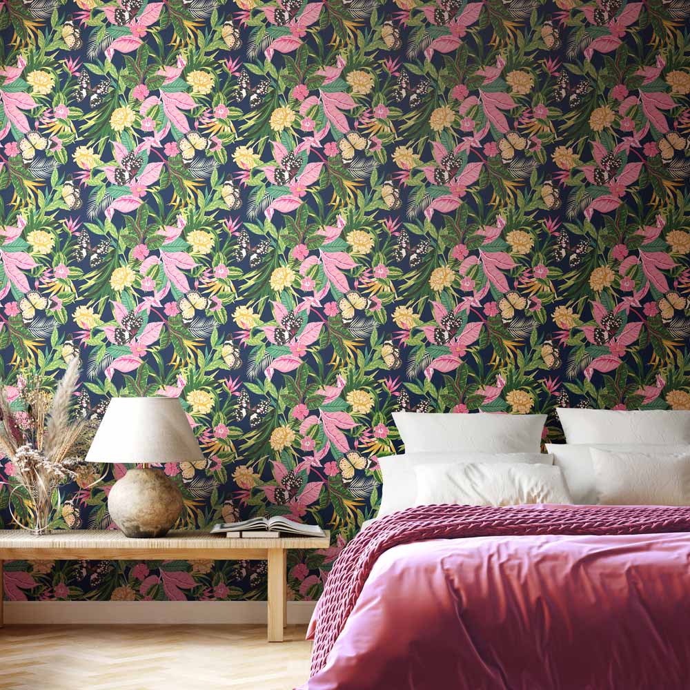 Hoopla Walls Paradise Indigo and Pink Non Woven Wallpaper Image 2
