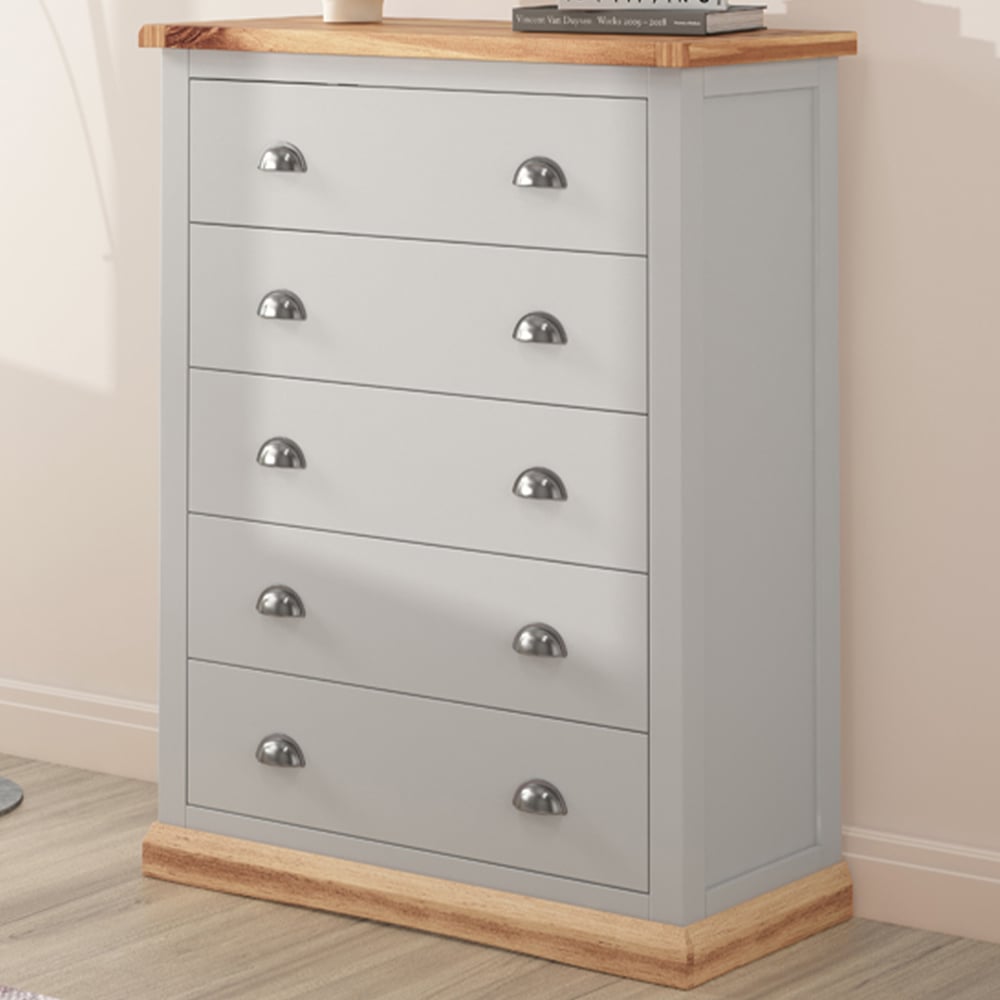 Cabinet Bits Bomporto 5 Drawer Grey Chrome Cup Handle Chest of Drawers Image 1