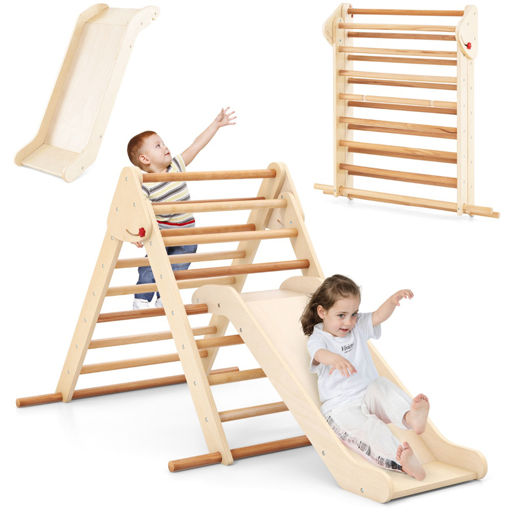 Costway Kids Natural Pikler Triangle Set with Slide Image 5