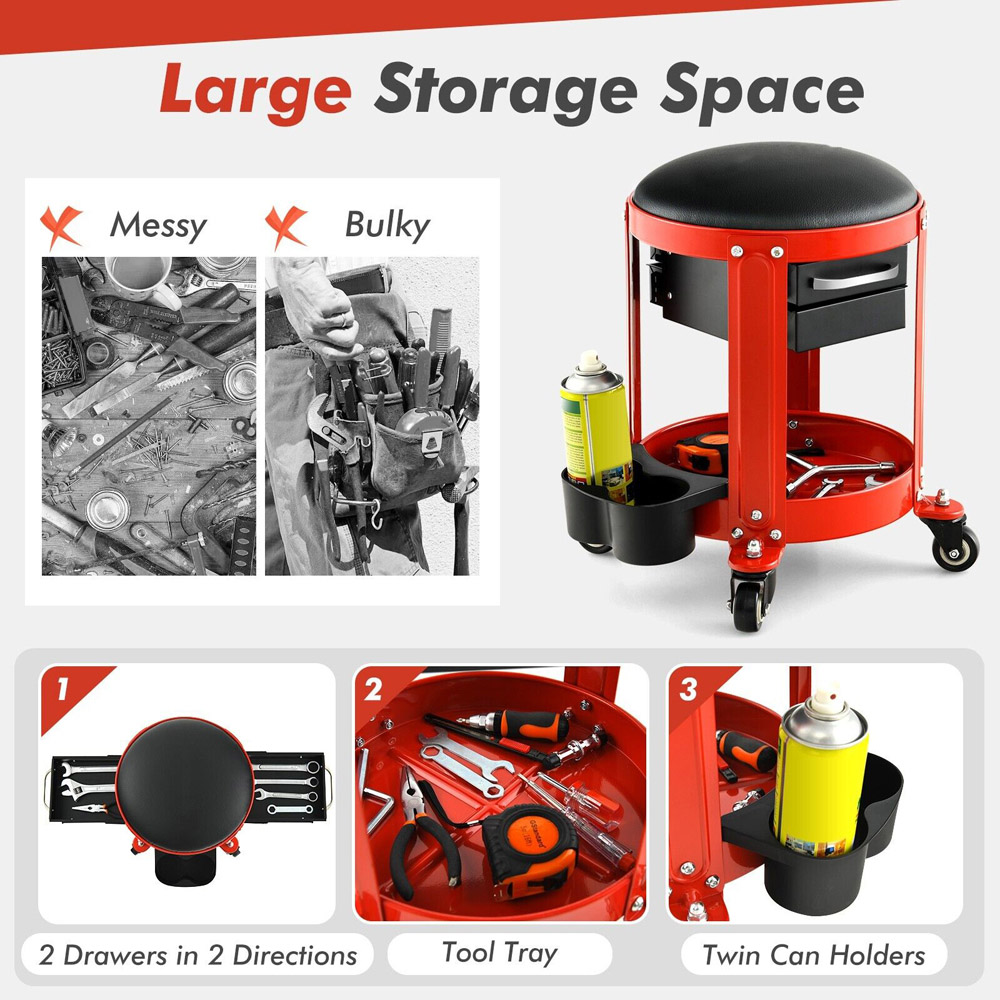 Costway 2 Drawer Rolling Workshop Creeper Seat with Tool Tray Image 4