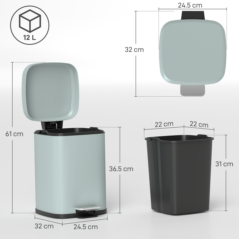 HOMCOM Light Green Pedal Kitchen Bin with Soft Close Lid 12L Image 9