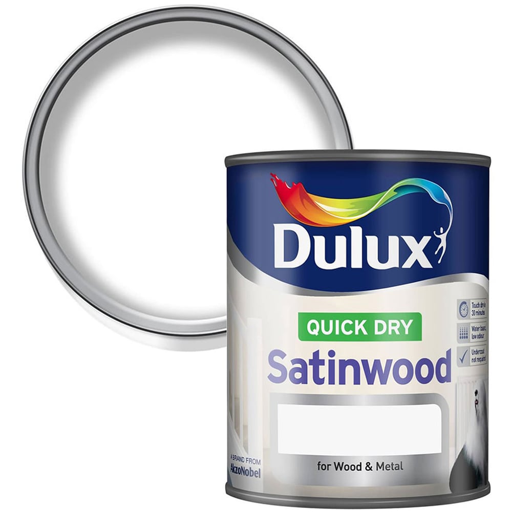 Dulux Quick Dry Satinwood Wood & Metal Pure Brilliant White Paint 750ml Image 1