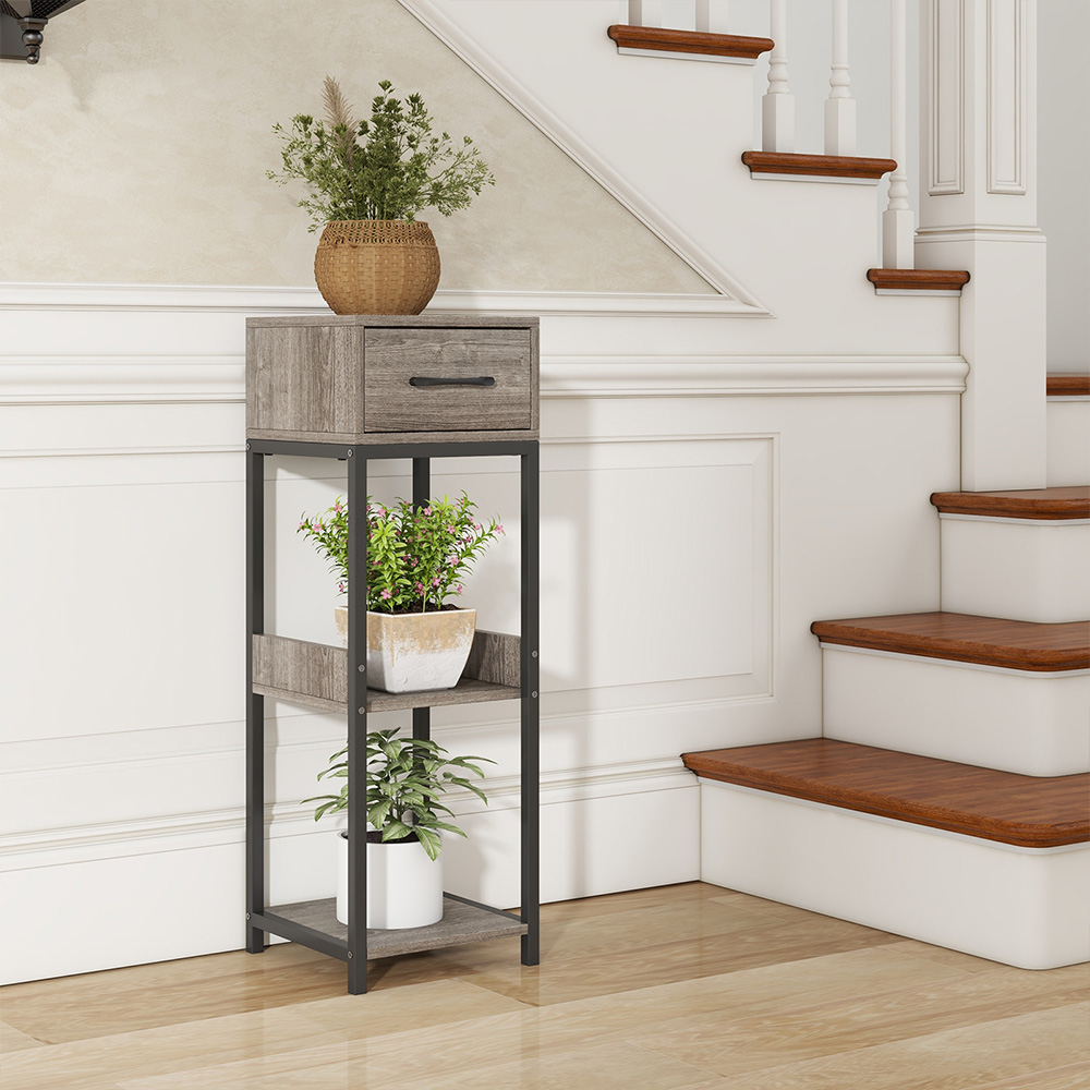 Costway Single Drawer 3 Shelf Grey Indoor Plant Stand Image 4