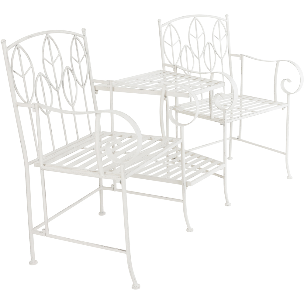 Charles Bentley 2 Seater Antique White Rustic Metal Leaf Pattern Garden Companion Seat Image 5