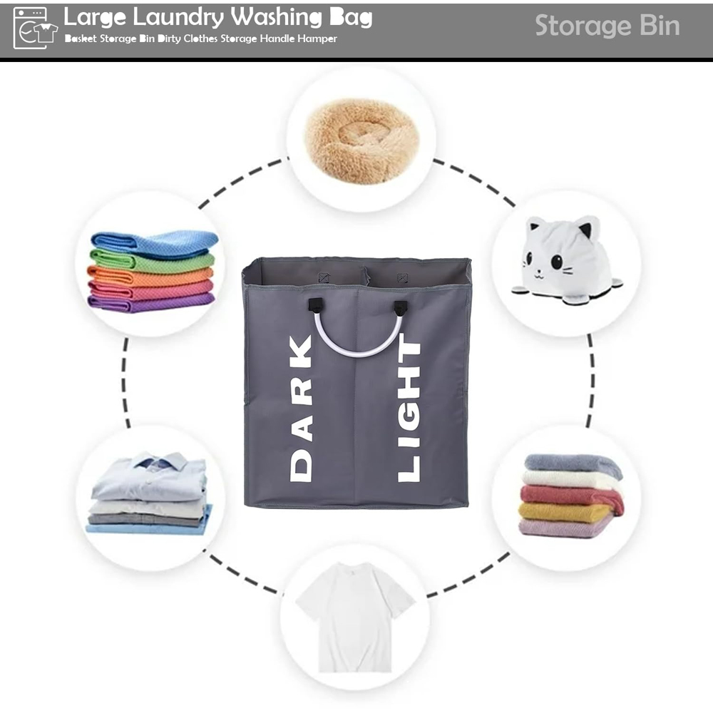 ATEK Double Compartment Dark Grey Collapsible Laundry Basket Image 4